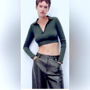 ZARA CHOCOLATE BROWN RIBBED CROP COLLAR TOP